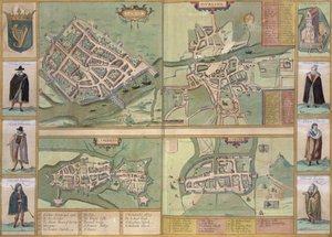 Mapas de Galway, Dublin, Limerick e Cork, de "Civitates Orbis Terrarum" por Georg Braun (1541-1622) e Frans Hogenberg (1535-90), c.1573