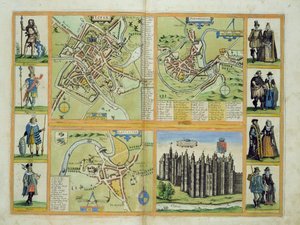 Mapas de York, Shrewsbury, Lancaster e Richmond, de "Civitates Orbis Terrarum" por Georg Braun (1541-1622) e Frans Hogenberg (1535-90) c.1572-1617