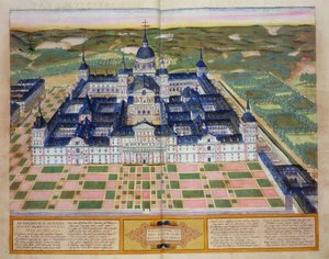 Plano do Mosteiro de El Escorial, de &39;Civitates Orbis Terrarum&39; por Georg Braun (1541-1622) e Frans Hogenberg (1535-90), c.1572 de Joris Hoefnagel