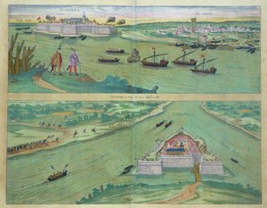 Duas visões de Comorra, de &39;Civitates Orbis Terrarum&39; por Georg Braun (1541-1622) e Frans Hogenburg (1535-90), c.1572 de Joris Hoefnagel