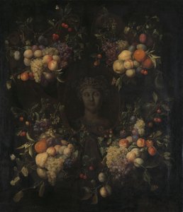 Cabeça esculpida simulada de uma mulher em um cartucho decorado com guirlandas de frutas de Joris van Son