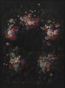 Cartouche de pedra com guirlanda de frutas e flores