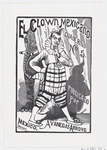 Um palhaço de pé com uma mão na anca e um elefante a espreitar por trás..., ca. 1880-1910. de José Guadalupe Posada