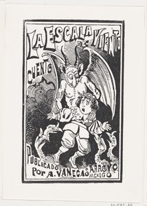 Um demônio segurando um garoto pelos ombros sobre um grupo de abutres, ilustração..., ca. 1880-1910. de José Guadalupe Posada