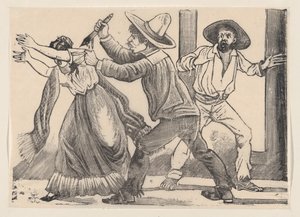 Um homem agarrando uma mulher pela manga e esfaqueando-a, de um costado intitulado 