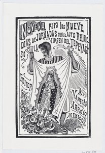 Um homem segurando um pedaço de tecido com uma imagem da Virgem, ilustração para ..., ca. 1880-1910. de José Guadalupe Posada