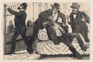 Um homem esfaqueando outro homem no peito enquanto seus associados saqueiam uma loja, de um..., ca. 1890-1891. de José Guadalupe Posada
