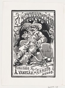 Um homem com armas e um cano na boca flanqueado por dois esqueletos, ilustração..., ca. 1880-1910. de José Guadalupe Posada