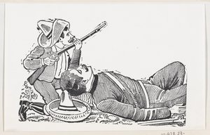 Um revolucionário segurando uma espingarda e ajoelhando-se para proteger um revolucionário caído, c..., ca. 1880-1910. de José Guadalupe Posada