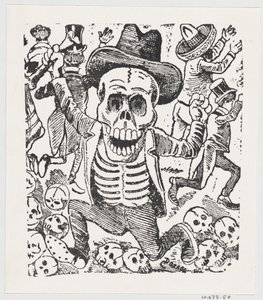 Um esqueleto segurando um osso e saltando sobre uma pilha de crânios enquanto as pessoas fogem, fr..., ca. 1907. de José Guadalupe Posada