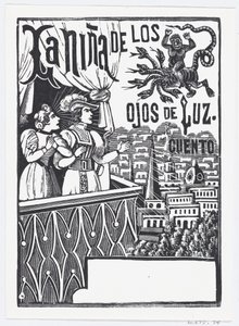 Uma mulher e um homem de pé em uma varanda olhando para um monstro voador no céu..., ca. 1880-1910. de José Guadalupe Posada