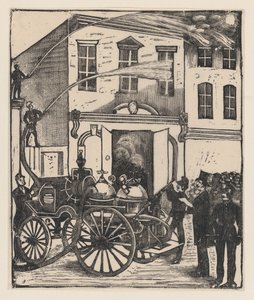 Bombeiros a apagar um incêndio numa casa, camião dos bombeiros em primeiro plano, ca. 1880-1910., ca. 1880-1910. de José Guadalupe Posada