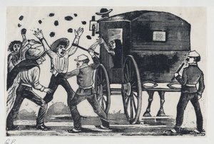 Homens lutando perto de um cavalo e carruagem, ca. 1900-1910., c. 1900-1910. de José Guadalupe Posada