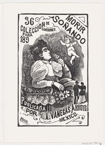 Perfil de uma mulher sentada em uma cadeira com a cabeça para trás e segurando uma flor, il..., ca. 1890. de José Guadalupe Posada