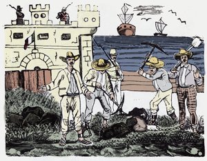 A Revolução Mexicana (1910-1920): Grupos de Prisioneiros no Trabalho Forçado - Xilografia de José Guadalupe Posada (1852-1913) de José Guadalupe Posada