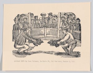 Dois homens em uma arena segurando galos em preparação para uma luta, esp..., ca 1890-1910 reimpresso em 1964. de José Guadalupe Posada