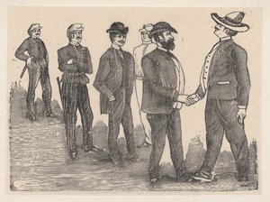 Dois homens apertando as mãos em primeiro plano e oficiais observando-os ao fundo..., ca. 1880-1910. de José Guadalupe Posada