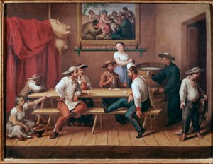 Uma pulqueria Taverne na América do Sul, convidados de mesa bebem pulque (bebida alcoólica tradicional mesoamericana) (Casa pública com bebedores de pulque) Pintura por Augustin Arriete (século 19) Cidade do México, museu nacional histórico, Chateau Chapul