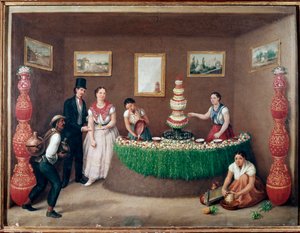 Vendedores de Chufa horchata (orxata de xufa ou orxata de xufla) bebida da região de Valência, Espanha (Vendedor de Horchata, bebida tradicional de Valência, Espanha) Pintura por Augustin Arriete (século XIX) Cidade do México, Museu Nacional Histórico, Cha