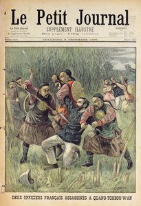 Dois oficiais franceses assassinados em Quang-Tcheou-Wan pelos chineses, página de rosto de &39;Le Petit Journal&39;, 3 de dezembro de 1899 (gravura colorida)