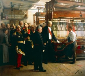Presidente da República Francesa Felix Faure visita oficina do fabricante de fitas em Saint Etienne, 30 de maio