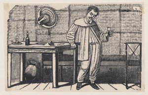 Um homem com um copo na mão, olhando para baixo e apoiado numa mesa, uma ilustração de «El huérfano» de José Guadalupe Posada