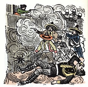 A Revolução Mexicana (1910-1920): assalto à casa de Aquiles Serdan (1876-1910). Xilografia de Jose Guadalupe Posada (1852-1913).