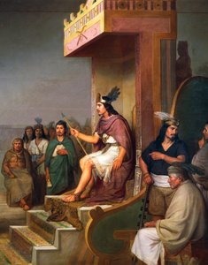 O imperador no trono, detalhe de Discovery of pulque, bebida alcoólica mesoamericana, óleo sobre tela por José Maria Obregon (1832-1902)