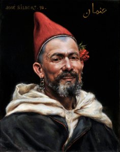 Cabeça de marroquino Retrato de homem com orelhas furadas e chapéu vermelho, com uma flor na orelha e uma tatuagem na têmpora 1892 (pintura) de Jose Silbert