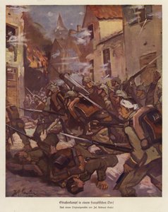 Batalha de rua numa aldeia francesa, Primeira Guerra Mundial (cor litho) de Josef Andreas Sailer