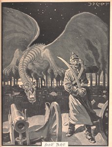 Desenho para o poema "Like Night". Um dragão sendo produzido pela fumaça das fábricas, atrás de um soldado alemão. Uma cena surreal. de Josef Benedikt engl
