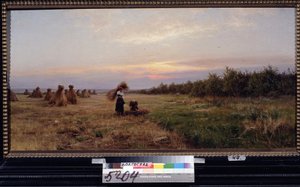 Colha à luz da tarde. (Colheita à luz do entardecer). Duas mulheres trabalhando em um campo cheio de palheiros. Pintura de Iosiph Evstafievich Krachkovsky (1854-1914), óleo sobre tela de Josef Evstafievich Krachkovsky