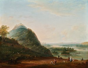 Colheita em frente a Viena com vista para Klosterneuburg, Leopoldsberg, Bisamberg e Korneuburg de Josef Heideloff