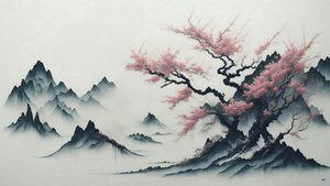 pintura a tinta: Cerejeiras em flor a desabrochar_02