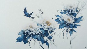 pintura a tinta: flor de crisântemo em azul_01