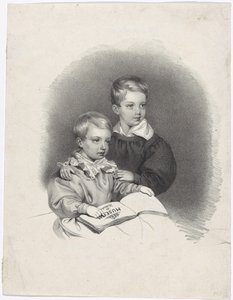 O príncipe herdeiro Francisco José e o arquiduque Fernando Maximiliano José quando eram crianças de Josef Kriehuber