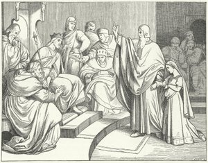 Beatriz de Hohenstaufen pedindo ao Rei Otto IV da Alemanha que vingasse o assassinato de seu pai, Filipe da Suábia de Josef Mathias Trenkwald