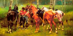 ""Grupo de hussardos e cavalos na floresta"" Pintura de Josep Cusachs i Cusachs (1851-1908). 1905. de Josep Cusachs y Cusachs