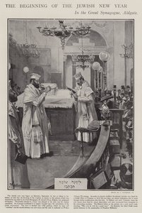 Celebrando o início do Ano Novo Judaico na Grande Sinagoga, Aldgate, Londres (litho) de Joseph (after) Finnemore