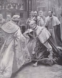 Rei Eduardo VII fazendo o juramento na sua coroação, Abadia de Westminster, Londres de Joseph (after) Finnemore