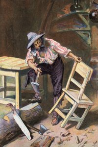 Robinson Crusoe: Eu faço uma mesa e uma cadeira (cor litho) de Joseph (after) Finnemore