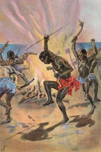 Robinson Crusoe: Vejo os selvagens a dançar (cor litho) de Joseph (after) Finnemore