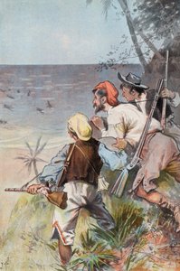 Robinson Crusoe: Invadido por selvagens (cor litho) de Joseph (after) Finnemore