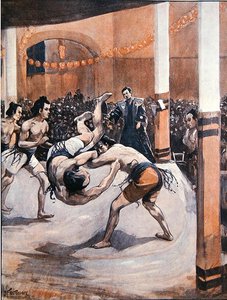 Luta livre tradicional japonesa: Lutadores de sumo exibindo sua arte na Exposição Japonesa em Londres em 1910 (cor litho)