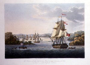 O Porto de Port Cornwallis. Ilha do Grande Andaman, com a Frota que Pesa por Rangum, gravada por G. Hunt, pub. por Kingsbury & Co., Londres de Joseph (after) Moore