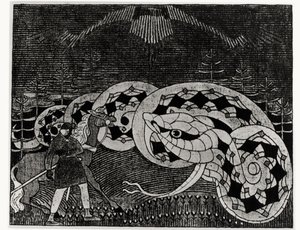 Seppo Llmarinen arando o campo de cobras, ilustração de &39;Kalevala&39; compilado e editado Elias Lonnrot (1802-84) (gravura) (foto de bw) de Joseph Alanen