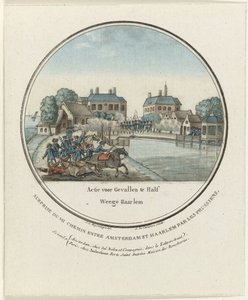 Ataque em Halfweg, 1787 Ação para Gevalle em Half Weege Haarlem / Surprise du mi chemin entre Amsterdam et Haarlem par les Prussiens (título no objeto) Placas francesas dos ataques prussianos a Amsterdã em 1787 (título da série) de Joseph Alexandre Le Campion