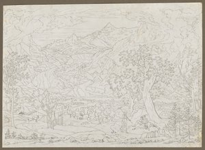 A geleira Grindelwald com Hunter e camponesa em primeiro plano, ca. 1823 de Joseph Anton Koch