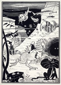 Havia uma grande variedade de árvores altas e nobres, carregadas de frutos marinhos, como lagostas, caranguejos, ostras, de The Surprising Adventures of Baron Munchausen, pub. 1895 (gravura) de Joseph Benwell Clark