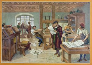A Invenção de Gutenberg da impressão de tipos móveis, ilustração do 